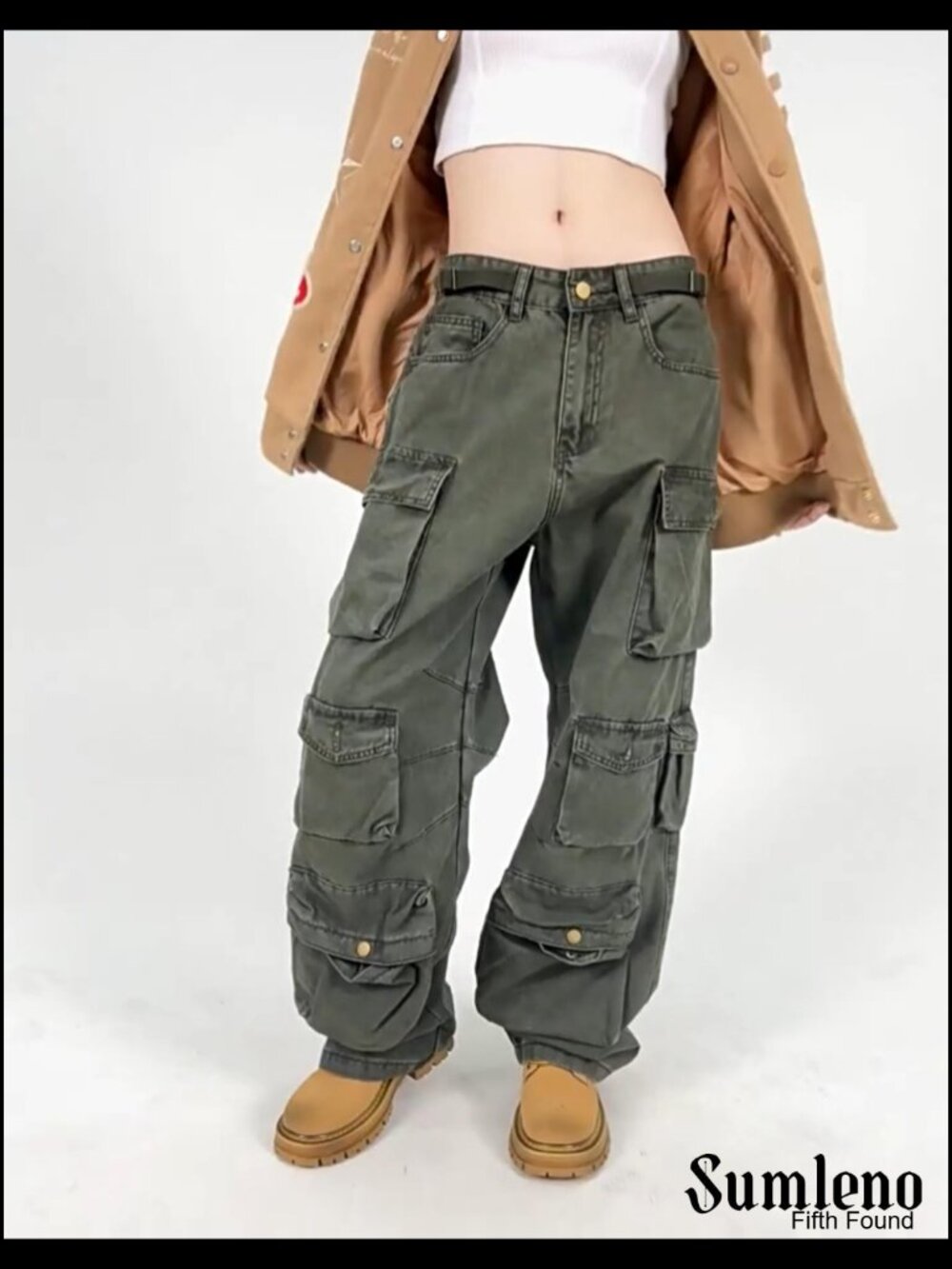 Wide Leg Cargo Pants Relaxed Fit Cotton Blend Multi-Pocket Streetwear - Picture 6 of 6